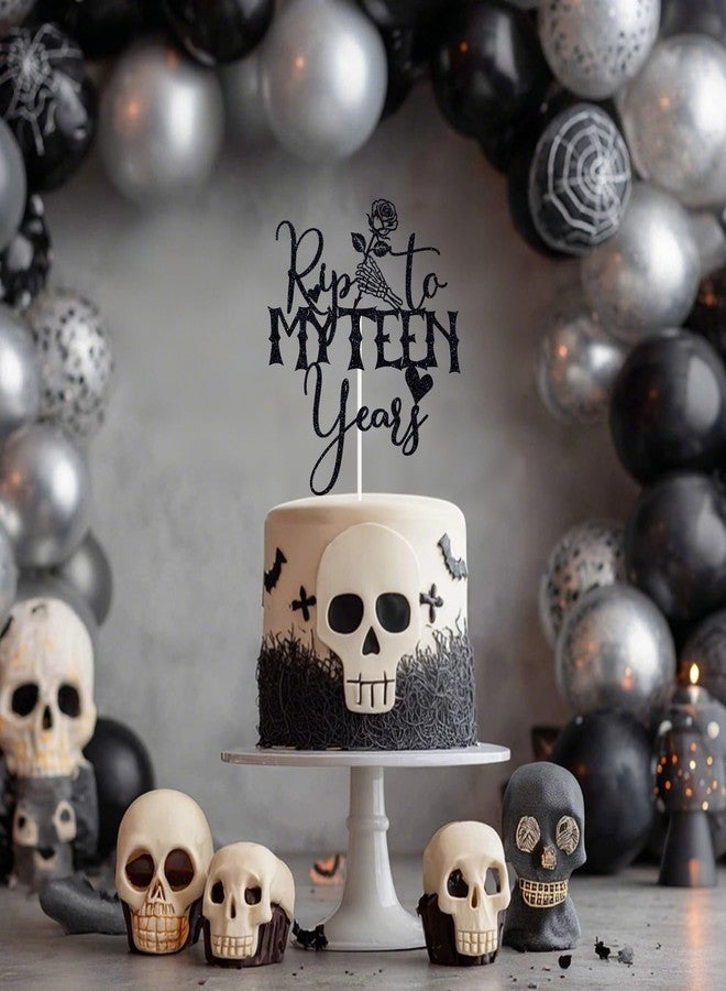 ZACHAKO Black Glitter Rip to My Teen Years Cake Topper, Skeleton Skull Hand Rose Birthday Décor, Gothic Old English Themed 20th Birthday Party Decorations - Image 4